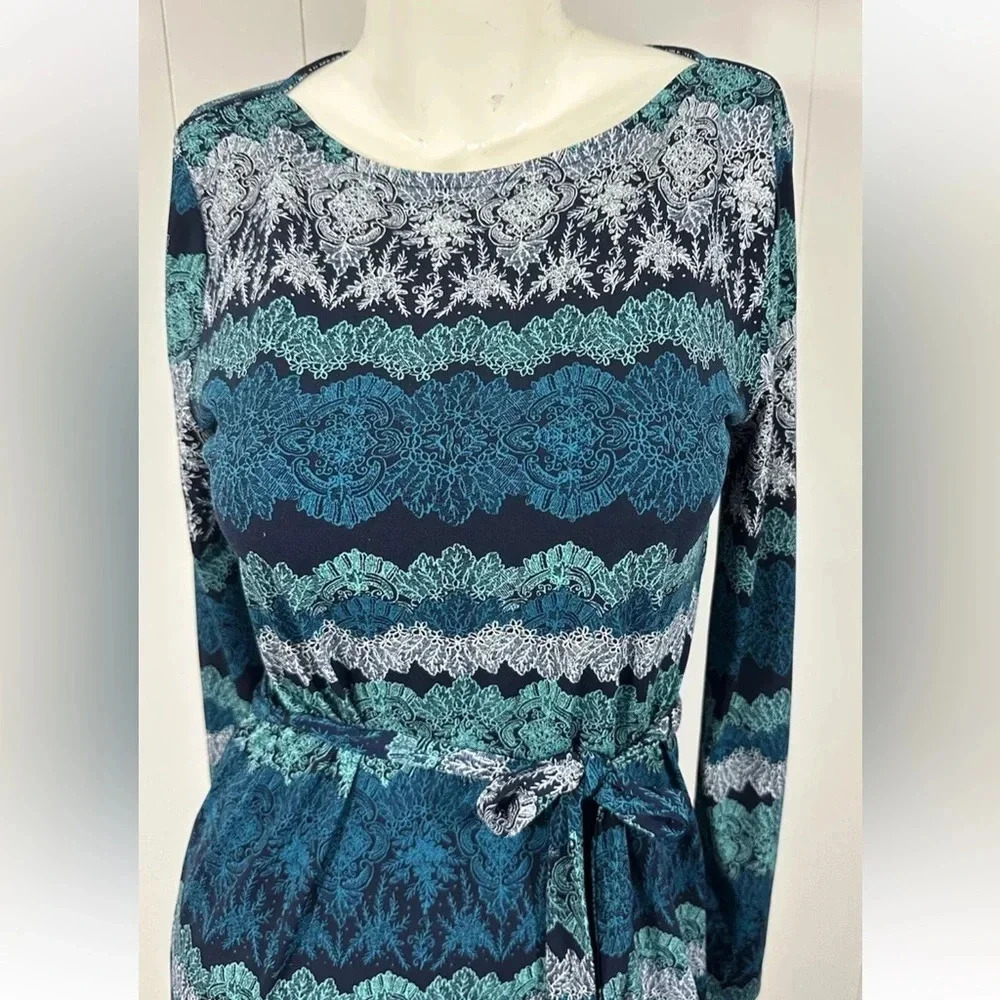 BANANA REPUBLIC Blue Black floral paisley Shift dress Waist Tie Long Sleeve Sz S - Picture 2 of 6